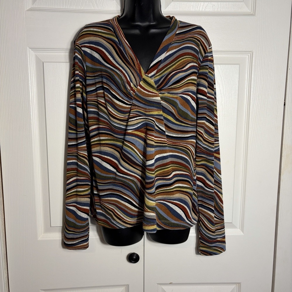Vintage‎ i.e. Y2K Babydoll Shirt Women L Abstract Swirl Long Sleeve V Neck Top